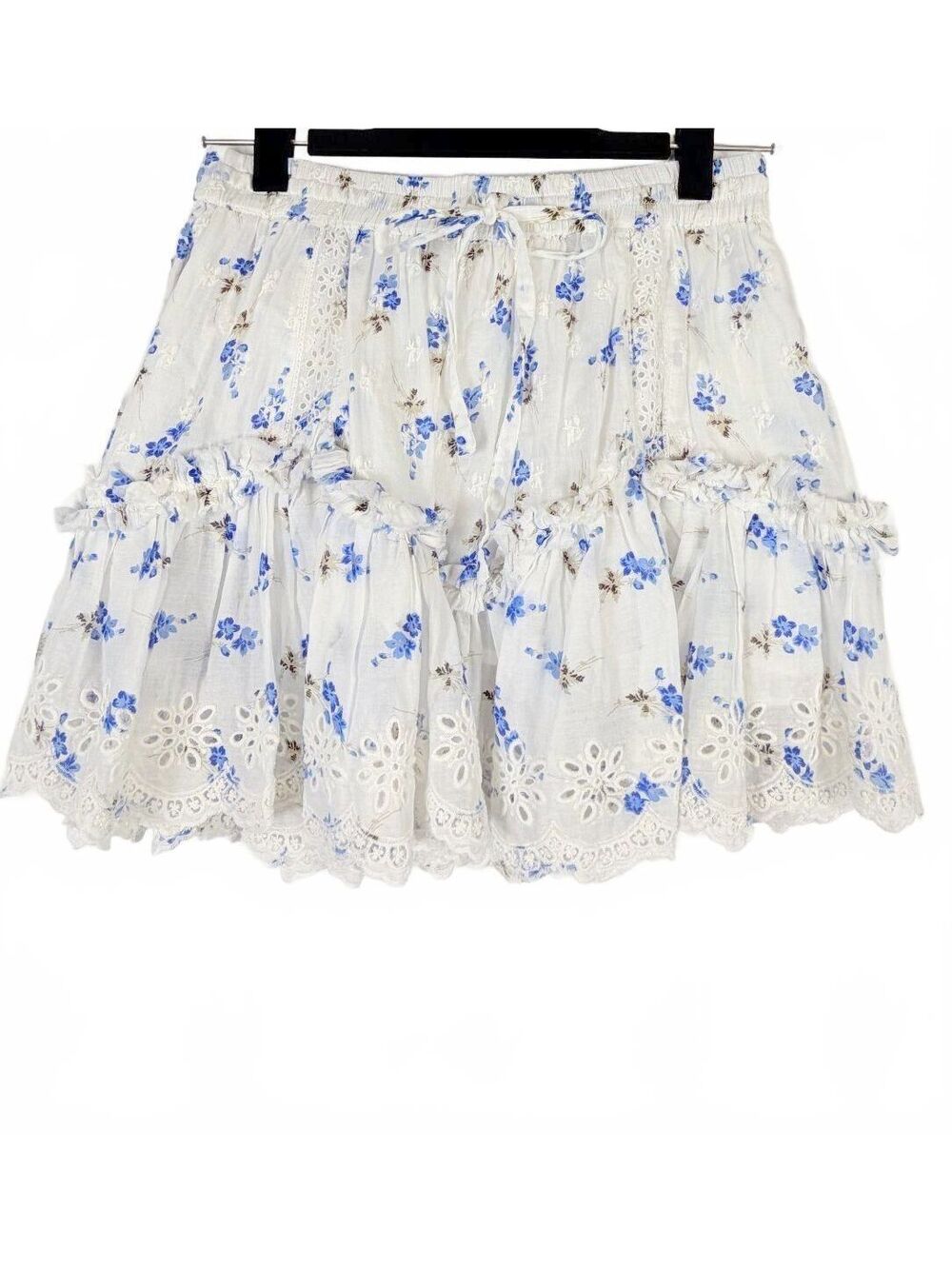 LoveShackFancy Becca Skirt Blue Floral Cotton Eyelet Ruffle Mini‎ Size Small